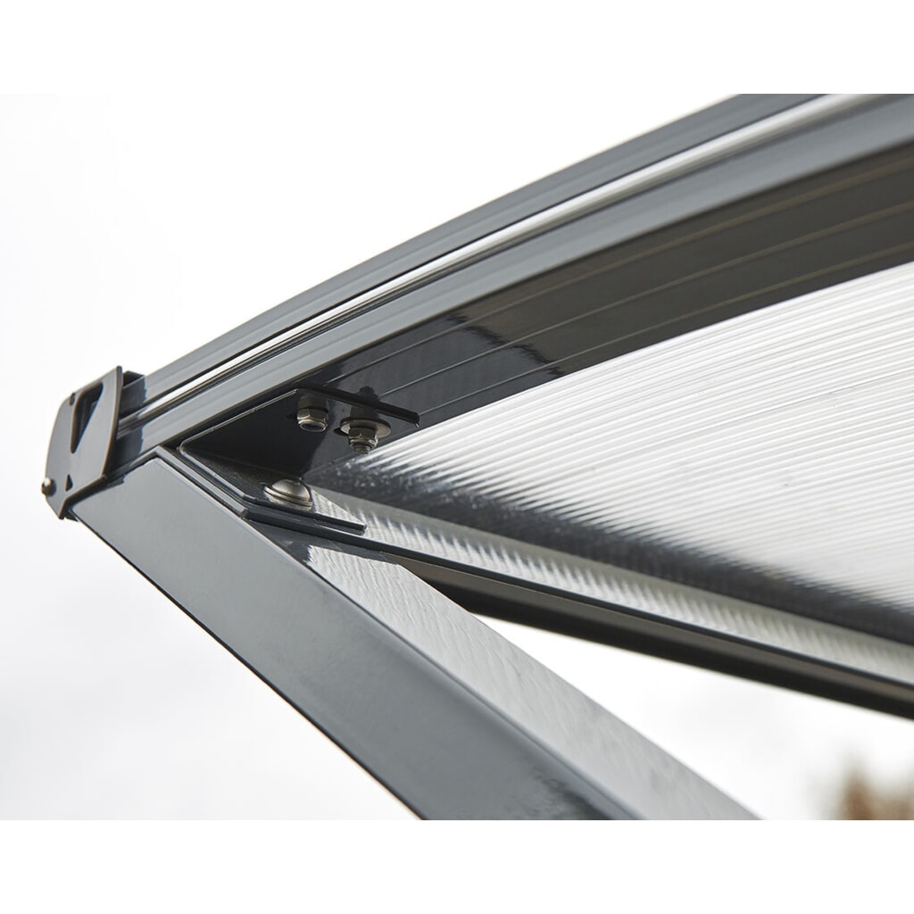 PROCITY® Halbmond-Überdachung, Anbaueinheit, mit getönten Verkleidungen, Fahrradständer 6 Plätze, anthrazit Produktabbildung Nr. 2: PROCITY® Halbmond-Überdachung, Anbaueinheit, mit getönten Verkleidungen, Fahrradständer 6 Plätze, anthrazit
