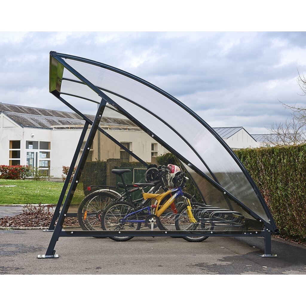 PROCITY® Halbmond-Überdachung, Anbaueinheit, mit getönten Verkleidungen, Fahrradständer 6 Plätze, anthrazit Produktabbildung Nr. 5: PROCITY® Halbmond-Überdachung, Anbaueinheit, mit getönten Verkleidungen, Fahrradständer 6 Plätze, anthrazit