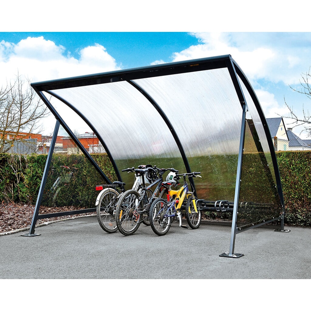 PROCITY® Halbmond-Überdachung, Anbaueinheit, mit getönten Verkleidungen, Fahrradständer 6 Plätze, anthrazit Produktabbildung Nr. 6: PROCITY® Halbmond-Überdachung, Anbaueinheit, mit getönten Verkleidungen, Fahrradständer 6 Plätze, anthrazit