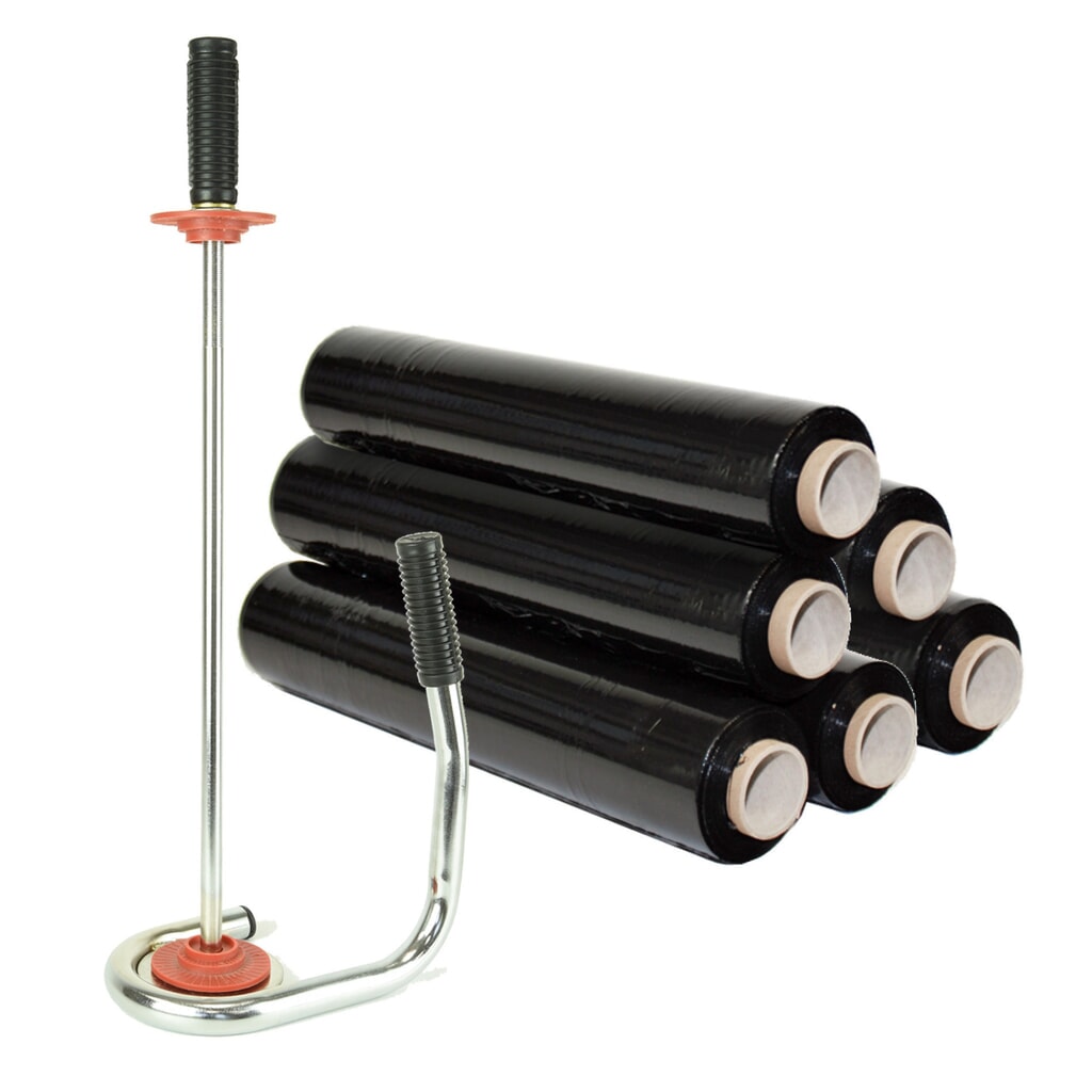 Profi-Stretchfolien-Set, 6 Rollen, BxL 500 mm x 260 lfm, inkl. 1 Handstretch-Apparat mit Kunststoff-Zentrierkegel, schwarz Produktabbildung: Profi-Stretchfolien-Set, 6 Rollen, BxL 500 mm x 260 lfm, inkl. 1 Handstretch-Apparat mit Kunststoff-Zentrierkegel, schwarz