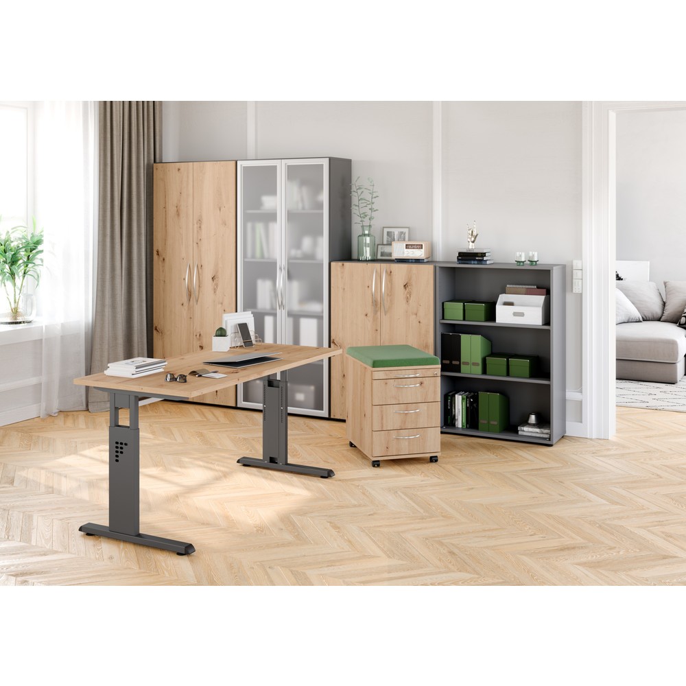 Číslo obrázku produktu 7: Ručně výškově nastavitelný psací stůl Hammerbacher Solid, noha ve tvaru C, Š x H 1600 x 800 mm, šedý