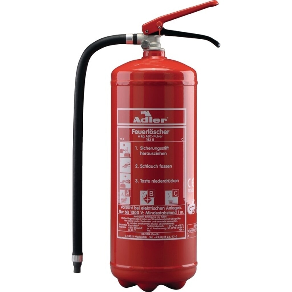 Adler Pulverfeuerlöscher, Brandklasse A 27 A 183 B C, PDE6 6 kg mit Dauerdruck, mit Wandhalter Produktabbildung: Adler Pulverfeuerlöscher, Brandklasse A 27 A 183 B C, PDE6 6 kg mit Dauerdruck, mit Wandhalter