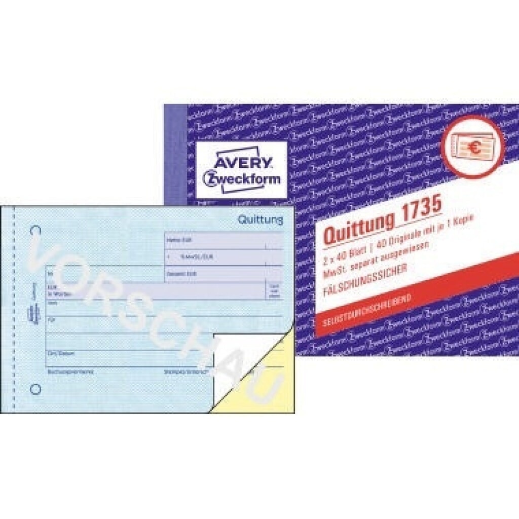 Avery Zweckform Quittung 1735 DIN A6 quer 2x40Blatt Produktabbildung: Avery Zweckform Quittung 1735 DIN A6 quer 2x40Blatt