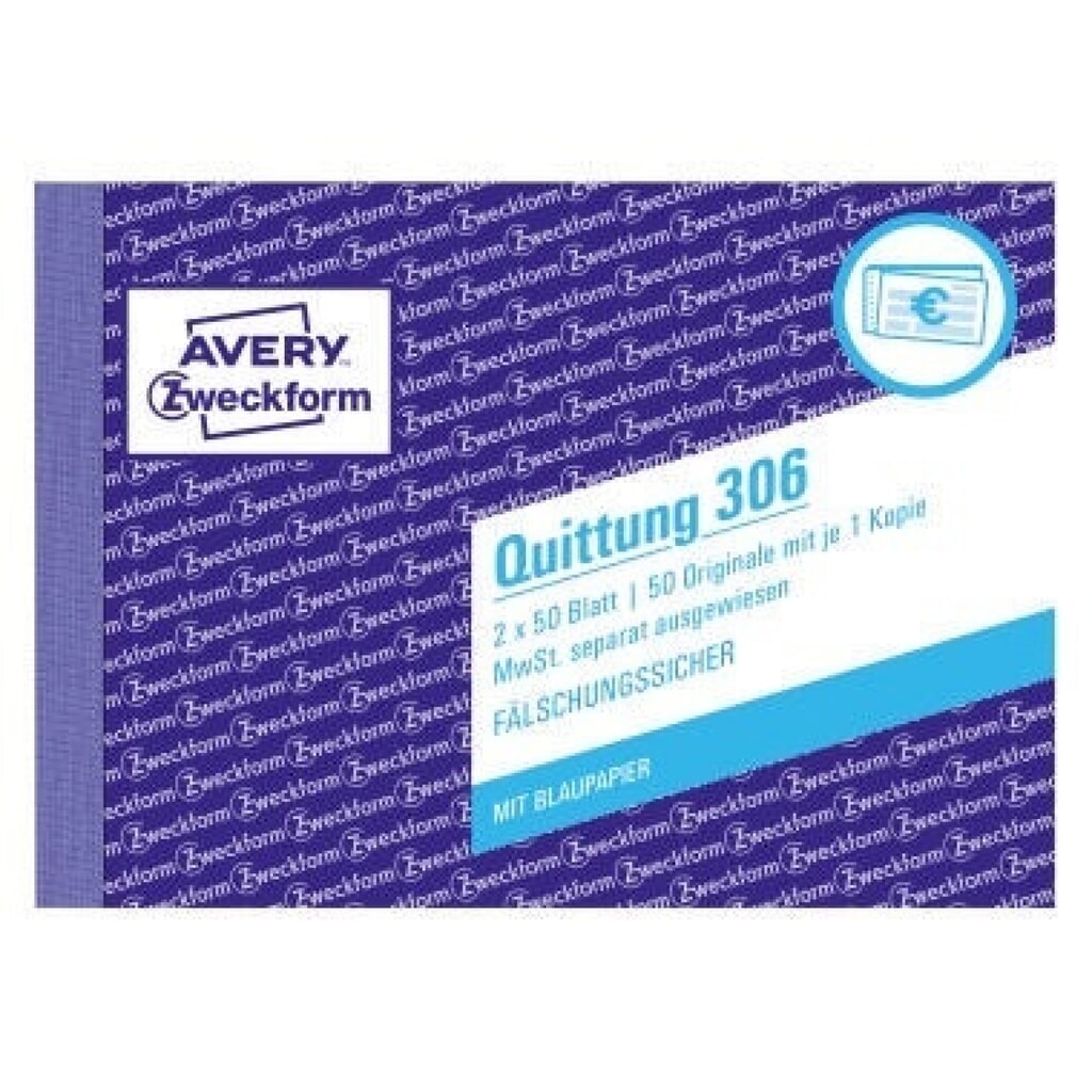 Avery Zweckform Quittung 306 DIN A6 quer 2x50Blatt Produktabbildung: Avery Zweckform Quittung 306 DIN A6 quer 2x50Blatt