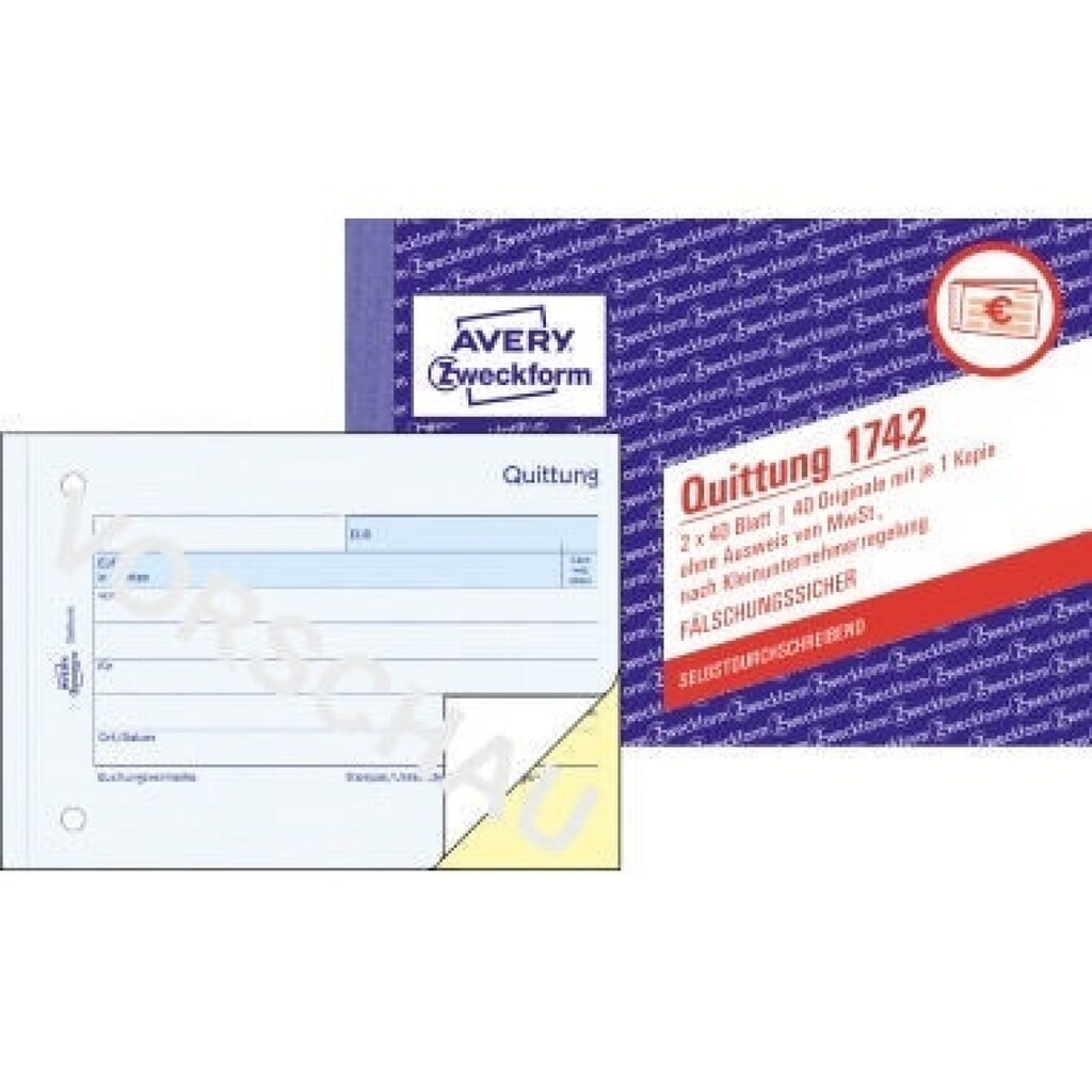 Avery Zweckform Quittung 1742 Kleinunternehmer DIN A6 SD 2x40 Bl Produktabbildung: Avery Zweckform Quittung 1742 Kleinunternehmer DIN A6 SD 2x40 Bl
