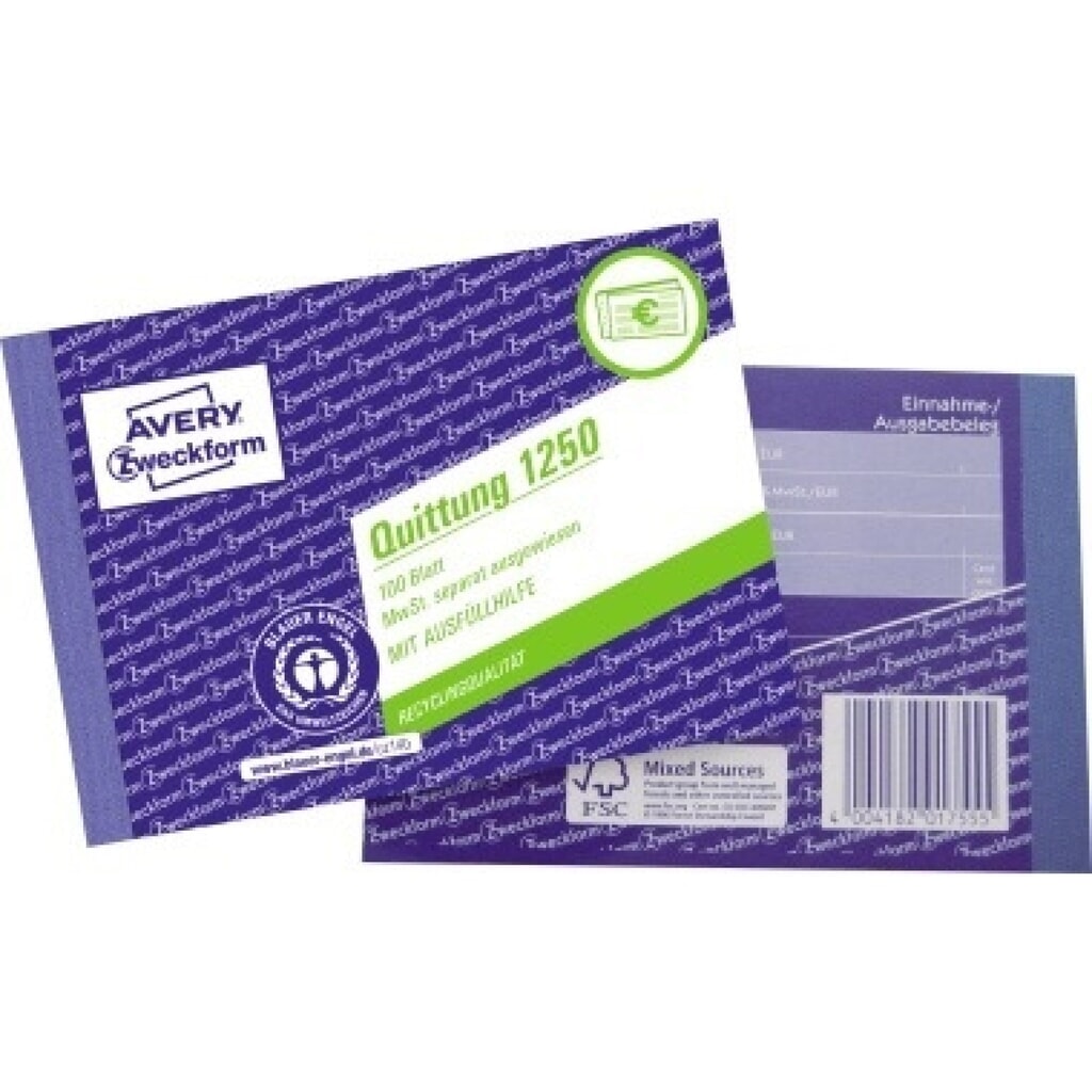 Avery Zweckform Quittung 1250 DIN A6 quer 100Blatt Produktabbildung: Avery Zweckform Quittung 1250 DIN A6 quer 100Blatt