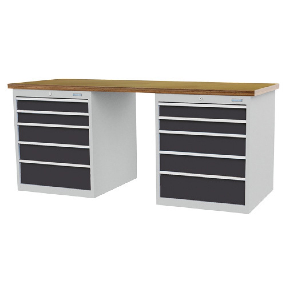 Obrázek produktu: Řadový pracovní stůl Bedrunka+Hirth R 24-24, VxŠxH 859 x 2000 x 750 mm, světle šedá, antracitová šedá, 10 ks zásuvka 4x100 + 4x150 + 2x200 mm, šířka zásuvky 450 mm,