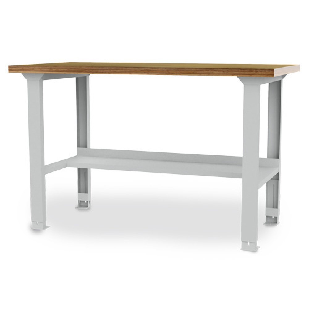 Obrázek produktu: Řadový pracovní stůl Bedrunka+Hirth, VxŠxH 859-1059 x 2000 x 750 mm, světle šedá, výškově nastavitelné provedení, 1 ks odkládací police