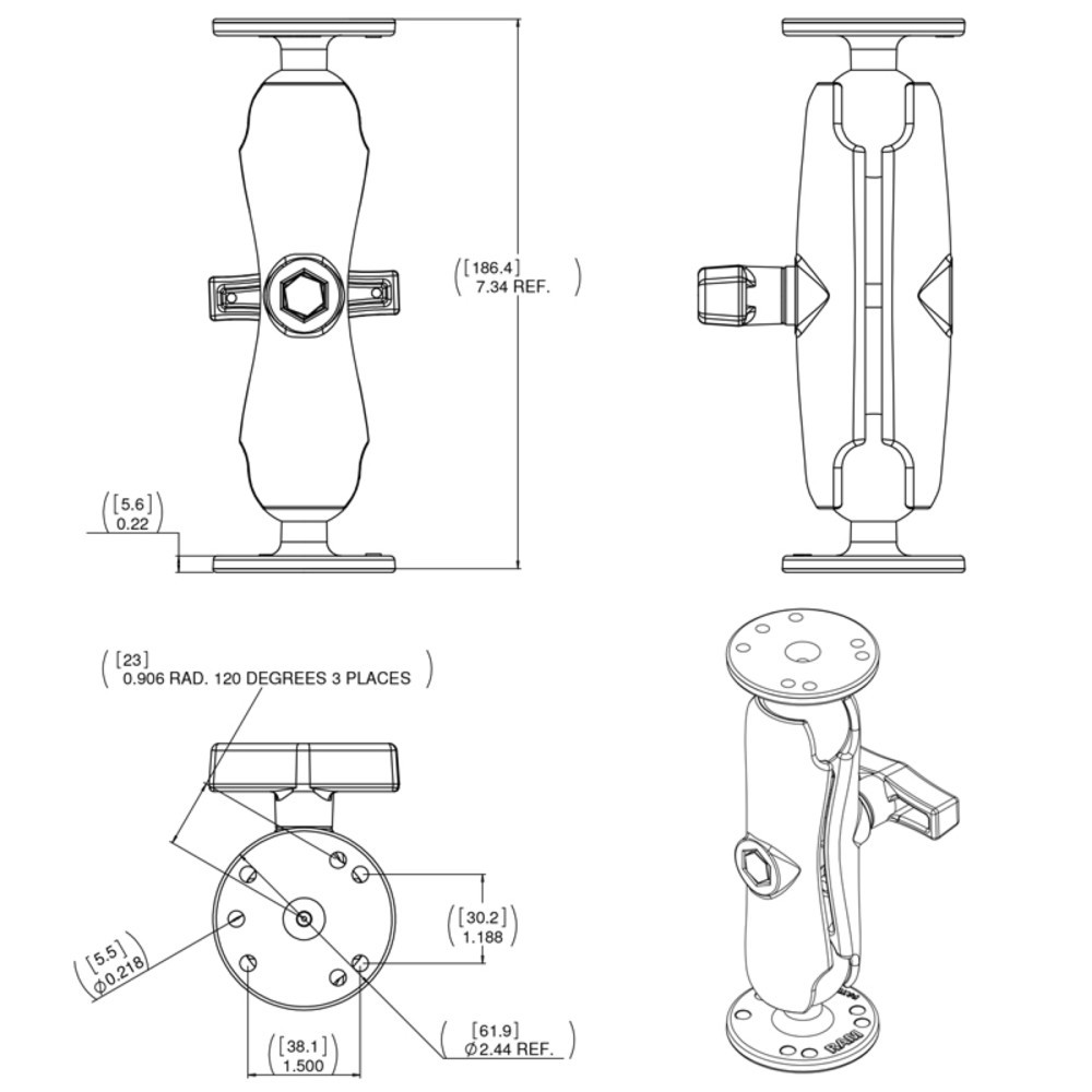 Produktabbildung Nr. 3: RAM Mounts Aufbau-Set, 2x runde Basisplatte (AMPS), mittlerer Verbindungsarm, C-Kugel (1,5 Zoll), im Polybeutel