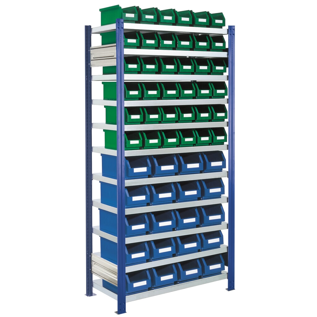 Produktabbildung: Kappes RasterPlan Fachbodenregal enzianblau mit Sichtlagerkästen, Fachlast 100 kg, HxBxT 2.000 x 1.060 x 435 mm