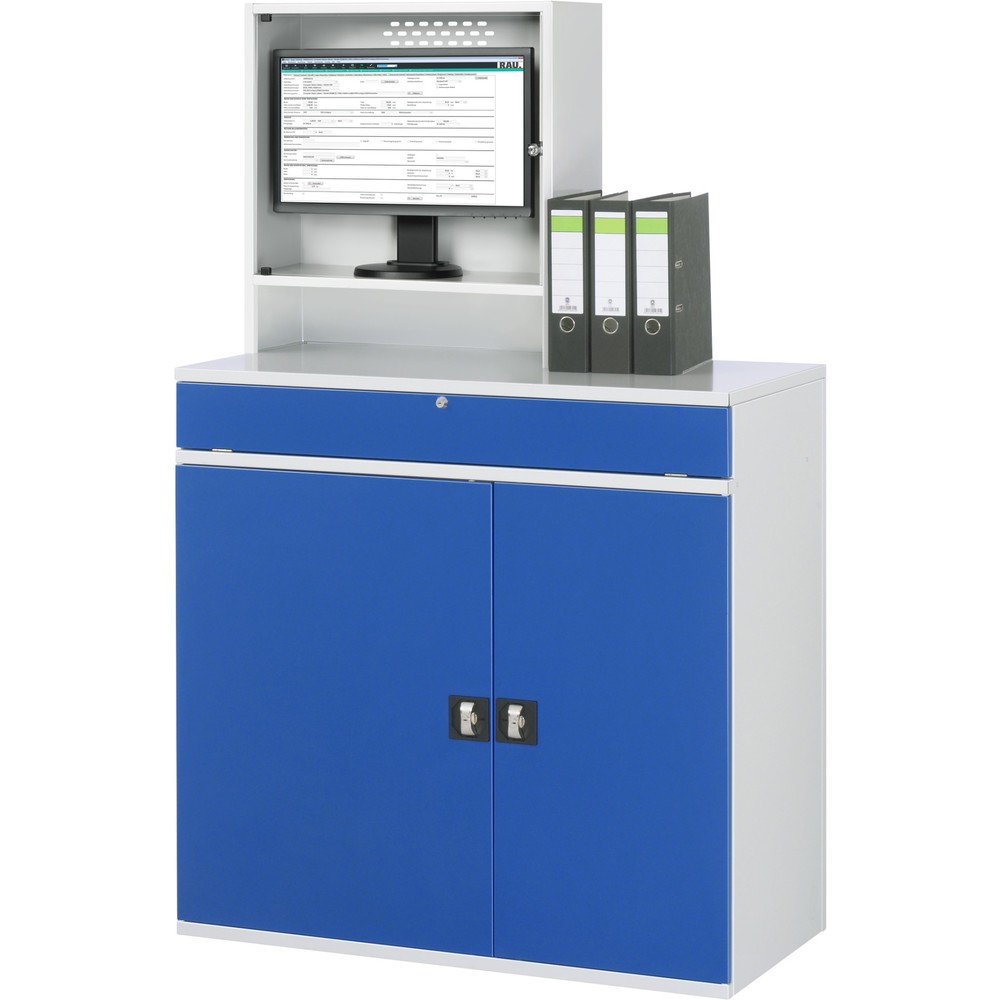 N° de l'image du produit 2 : RAU Armoire informatique, boîtier d’écran, porte-clavier coulissant, double porte battante, compartiment pour écran profondeur 230, 2 x tablette extractible, fixe