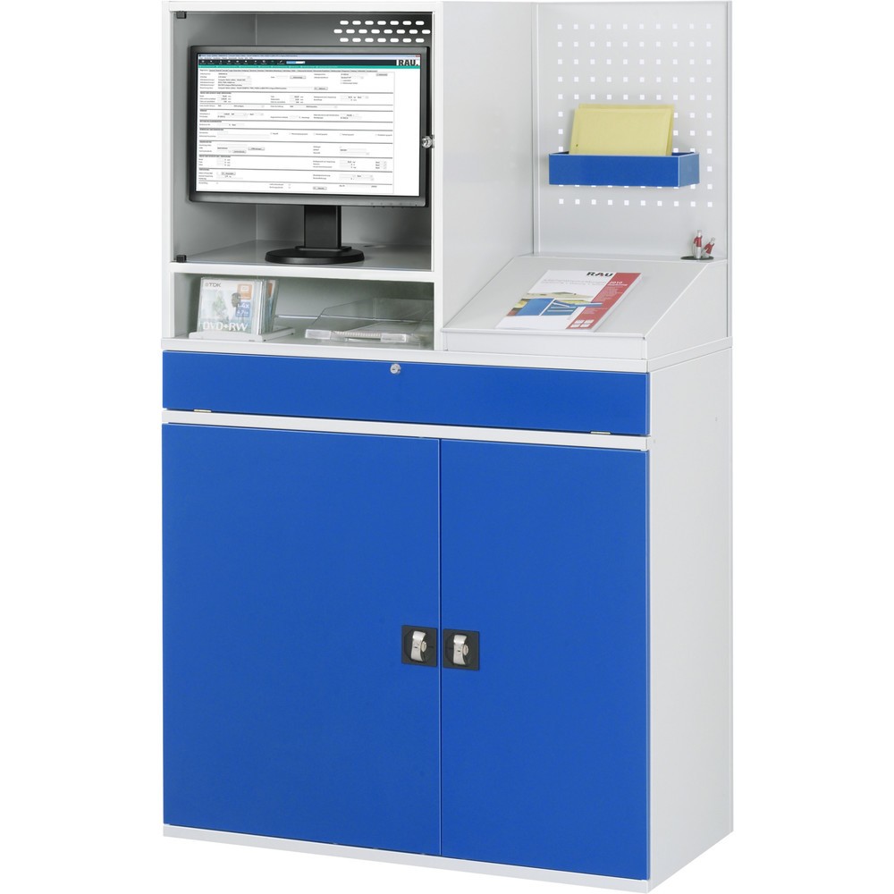 N° de l'image du produit 4 : RAU Armoire informatique, boîtier d’écran, porte-clavier coulissant, double porte battante, panneau arrière perforé, nombre de tiroirs x Hxl : 1 x 80 x 1 020 mm