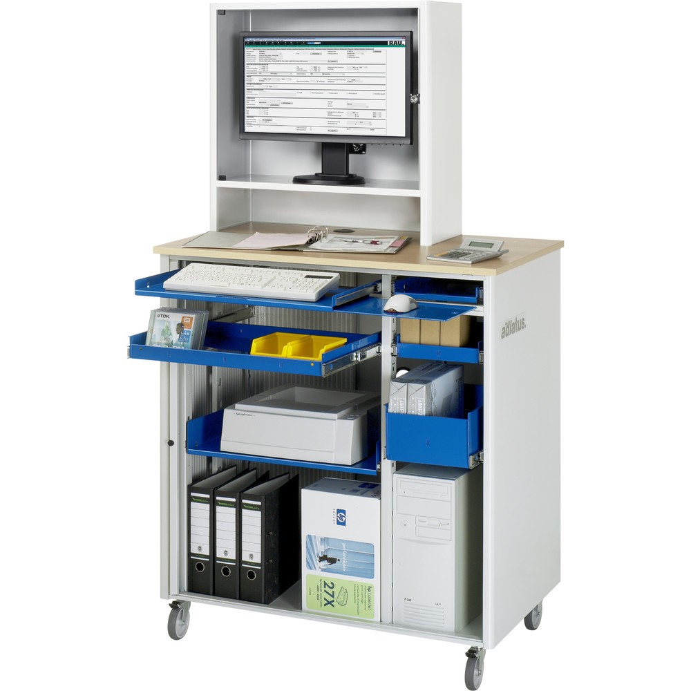 Produktabbildung Nr. 1: RAU Computer-Stationen, HxBxT 1.810 x 1.030 x 660 mm, Buche Dekor Arbeitsplatte, mit Rolladen, Steckdosenleiste, Rollensatz und Monitorgehäuse