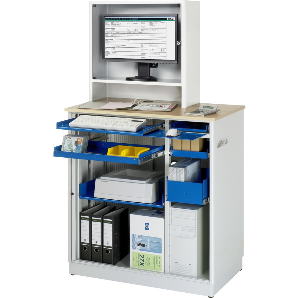 Produktabbildung Nr. 1: RAU Computer-Stationen, HxBxT 1.810 x 1.030 x 660 mm, Buche Dekor Arbeitsplatte, mit Rolladen, Steckdosenleiste, Schublade und Monitorgehäuse