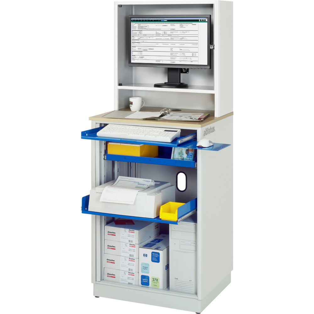 Produktabbildung Nr. 1: RAU Computer-Stationen, HxBxT 1.810 x 720 x 660 mm, Buche Dekor Arbeitsplatte, mit Rolladen, Steckdosenleiste
