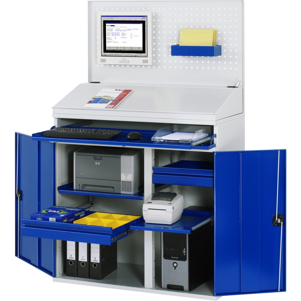 Produktabbildung Nr. 1: RAU Computer-Schrank, HxBxT 1.770 x 1.100 x 520 mm, mit 2 Flügeltüren, Tastaturauszug, 1 Schublade und Rollensatz