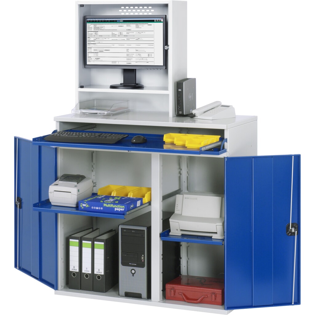 RAU Computer-Schrank, Monitorgehäuse, Tastaturauszug, Doppel-Flügeltür, Monitorfach Tiefe 230, 2 x Auszugstablar, stationär Produktabbildung: RAU Computer-Schrank, Monitorgehäuse, Tastaturauszug, Doppel-Flügeltür, Monitorfach Tiefe 230, 2 x Auszugstablar, stationär