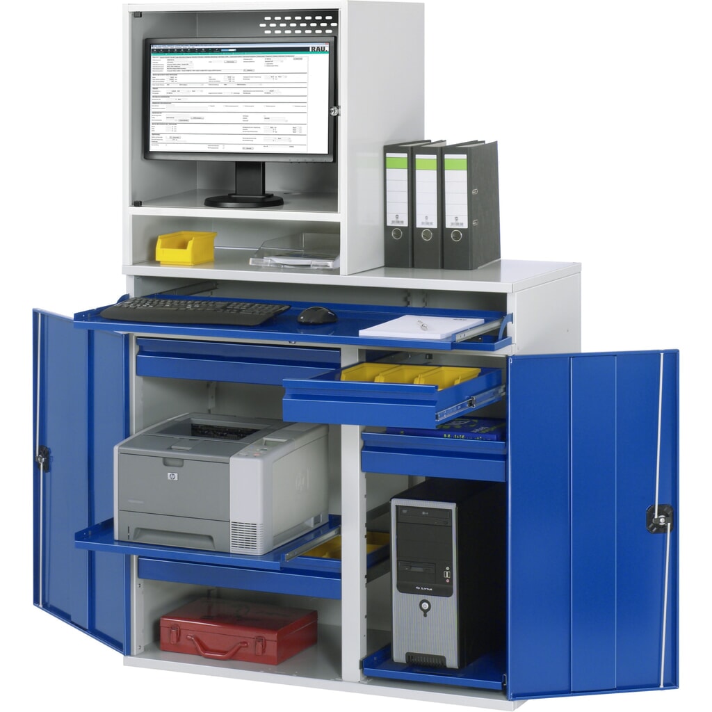 Produktabbildung: RAU Computer-Schrank, Monitorgehäuse, Tastaturauszug, Doppel-Flügeltür, Schubladenanzahl x H x B: 4 x 80 x 450-650 mm