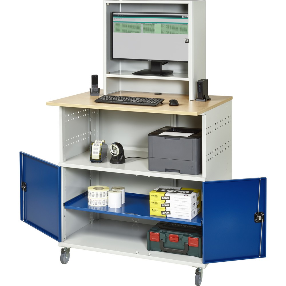 Produktabbildung: RAU Computer-Tisch, HxBxT 1.860 x 1.100 x 800 mm, Buche Dekor Arbeitsplatte, mit 2 Flügeltüren und Monitorfach