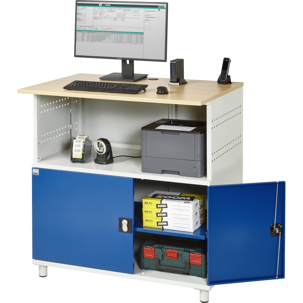 RAU Computer-Tisch, HxBxT 1.100 x 1.100 x 800 mm, Buche Dekor Arbeitsplatte, mit 2 Flügeltüren Produktabbildung Nr. 2: RAU Computer-Tisch, HxBxT 1.100 x 1.100 x 800 mm, Buche Dekor Arbeitsplatte, mit 2 Flügeltüren