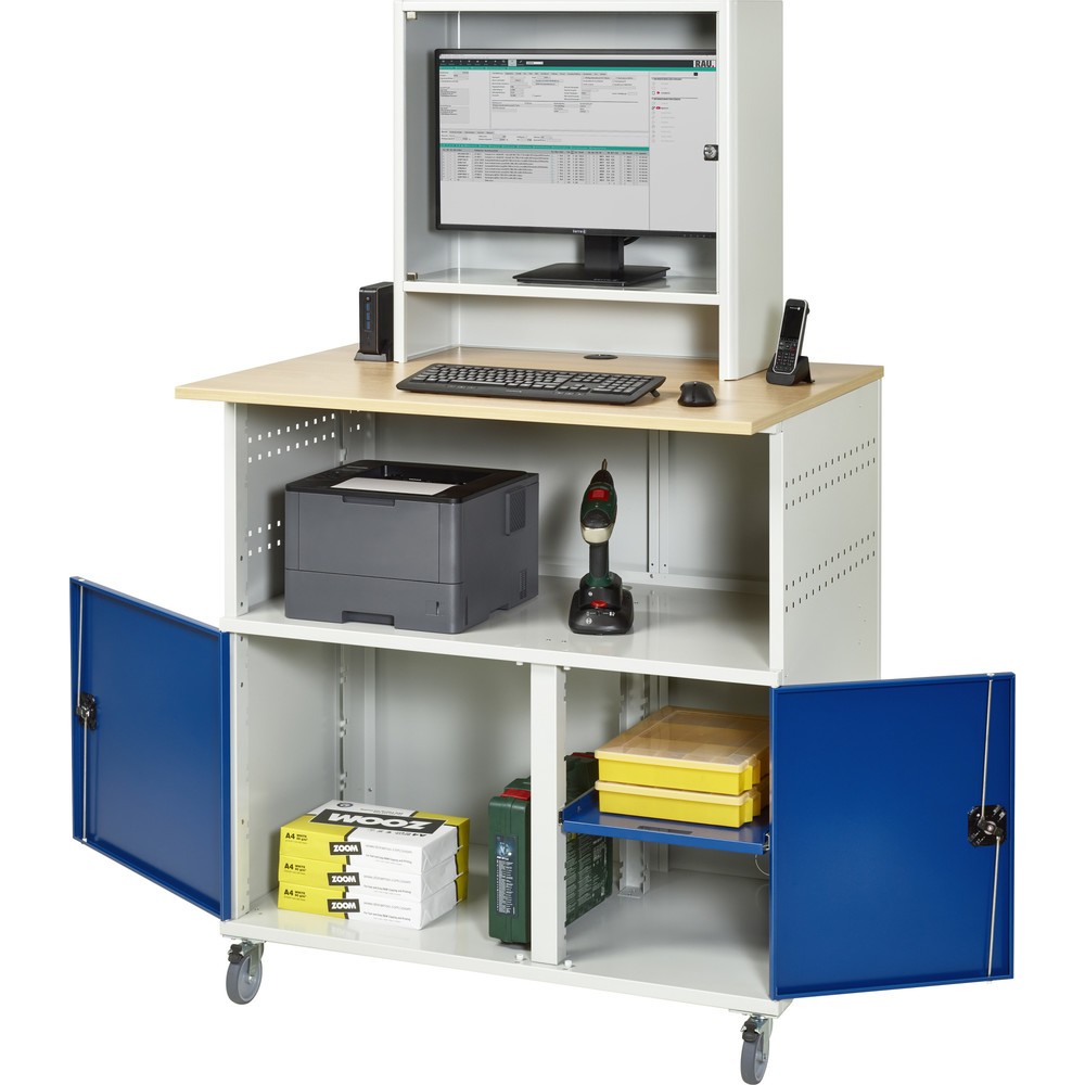 Produktabbildung Nr. 1: RAU Computer-Tisch, HxBxT 1.860 x 1.100 x 800 mm, Buche Dekor Arbeitsplatte, mit 2 Flügeltüren, Steckdosenleiste und Monitorgehäuse