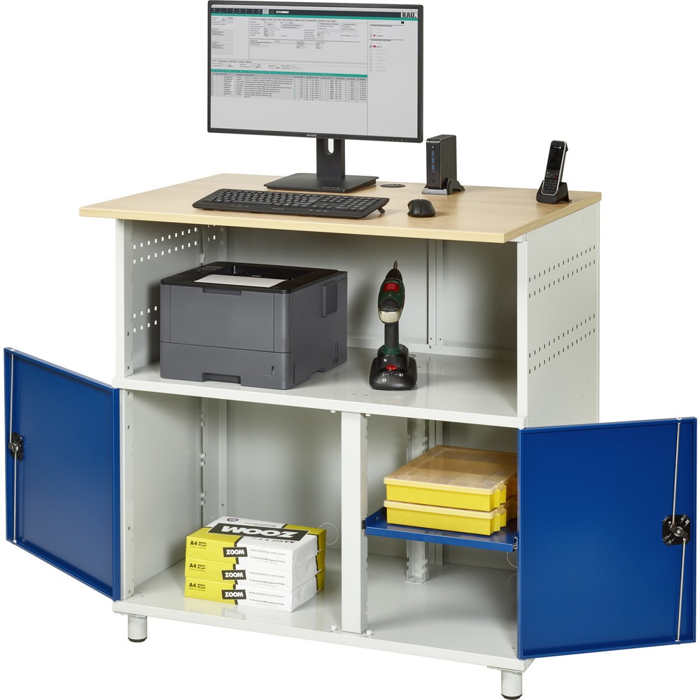 Produktabbildung Nr. 1: RAU Computer-Tisch, HxBxT 1.100 x 1.100 x 800 mm, Buche Dekor Arbeitsplatte, mit 2 Flügeltüren und Steckdosenleiste