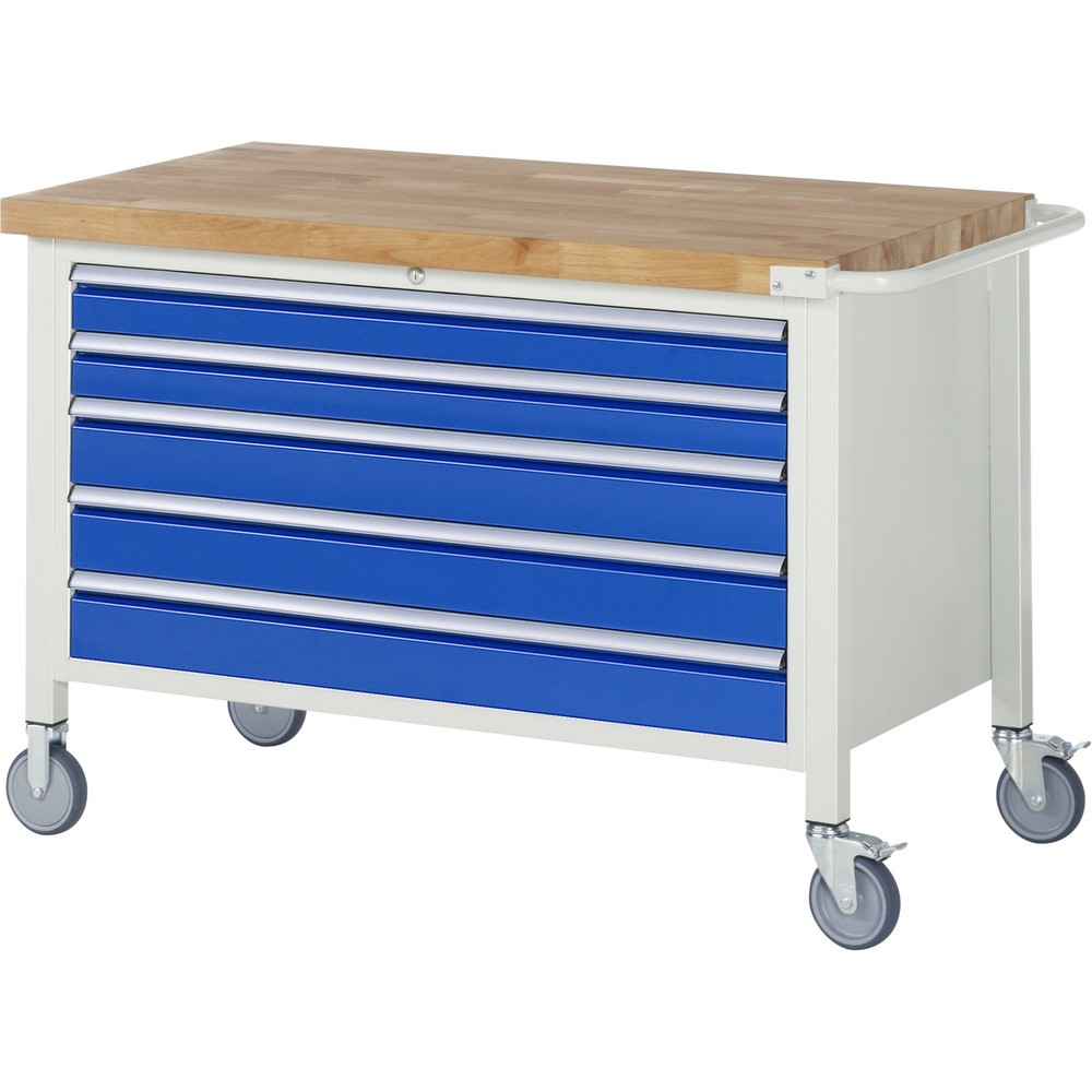 Illustration du produit: RAU Établi mobile série 8000, HxlxP 880-1 080 x 1 250 x 700 mm, 5 tiroirs extractibles à 90 %, capacité de charge des tiroirs 50 kg