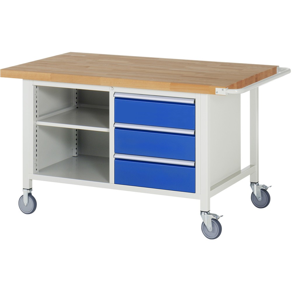 Illustration du produit: RAU Établi mobile série 8000, HxlxP 880 x 1 500 x 900 mm, 1 double caisson sous plateau, avec 3 tiroirs et compartiment de rangement