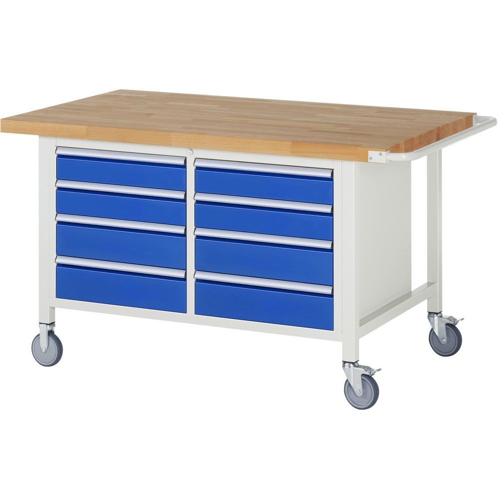 Illustration du produit: RAU Établi mobile série 8000, 1 double caisson, HxlxP 880-1 080 x 1 500 x 900 mm, 8 tiroirs extractibles à 90 %