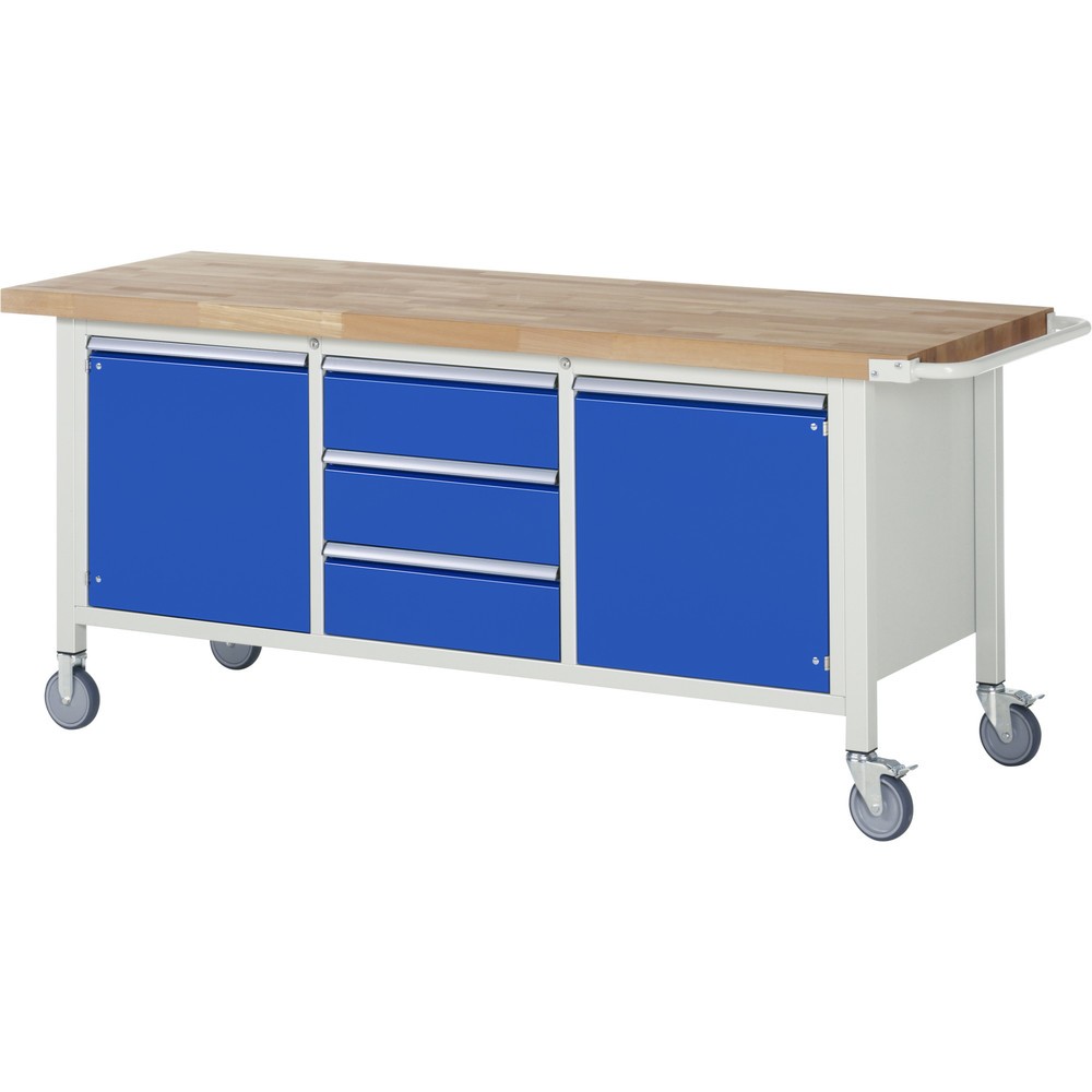 Illustration du produit: RAU Établi mobile série 8000, 1 triple caisson, 2 tablettes, 2 portes battantes, HxlxP 880-1 080 x 2 000 x 700 mm, 3 tiroirs extractibles à 90 %