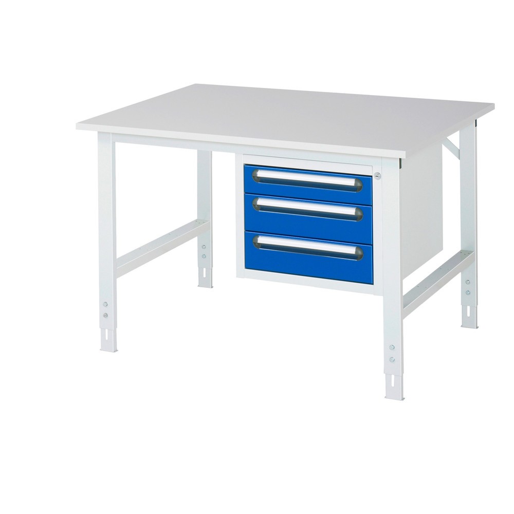 N° de l'image du produit 1 : RAU Table de travail réglable en hauteur Série TOM, HxlxP 760-1 080 x 1 250 x 1 000 mm, 3 tiroirs, plan de travail avec revêtement en mélamine