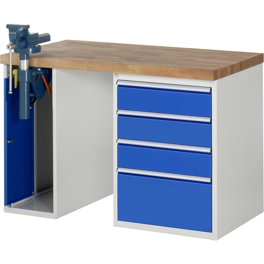 Illustration du produit: RAU Établi série 7000, HxlxP 890 x 1 250 x 700 mm, 1 caisson sous plateau, avec 4 tiroirs et un étau escamotable