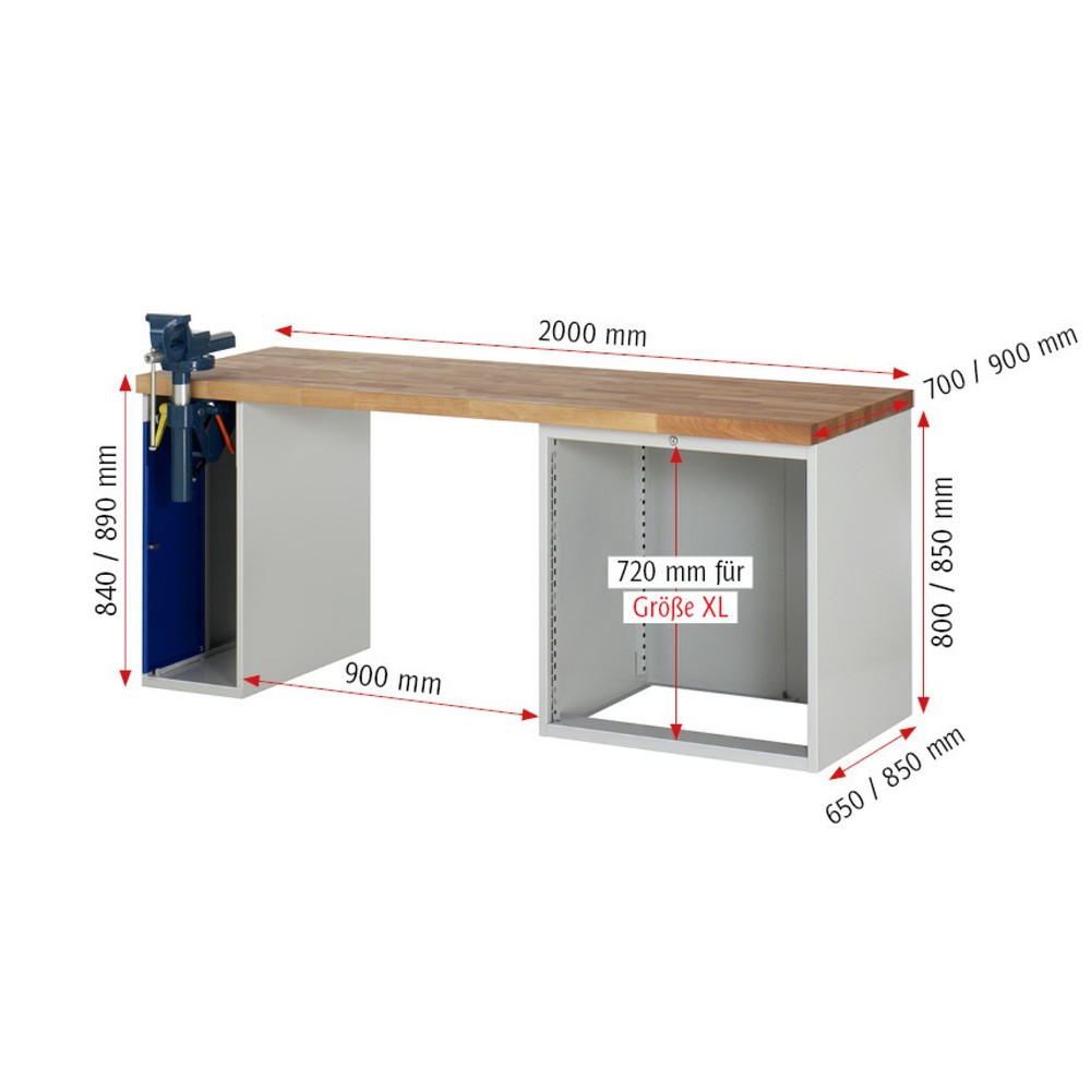 N° de l'image du produit 7 : RAU Établi série 7000, 2 caissons, HxlxP 890 x 2 000 x 900 mm, 4 tiroirs extractibles à 90%, capacité de charge des tiroirs 75 kg