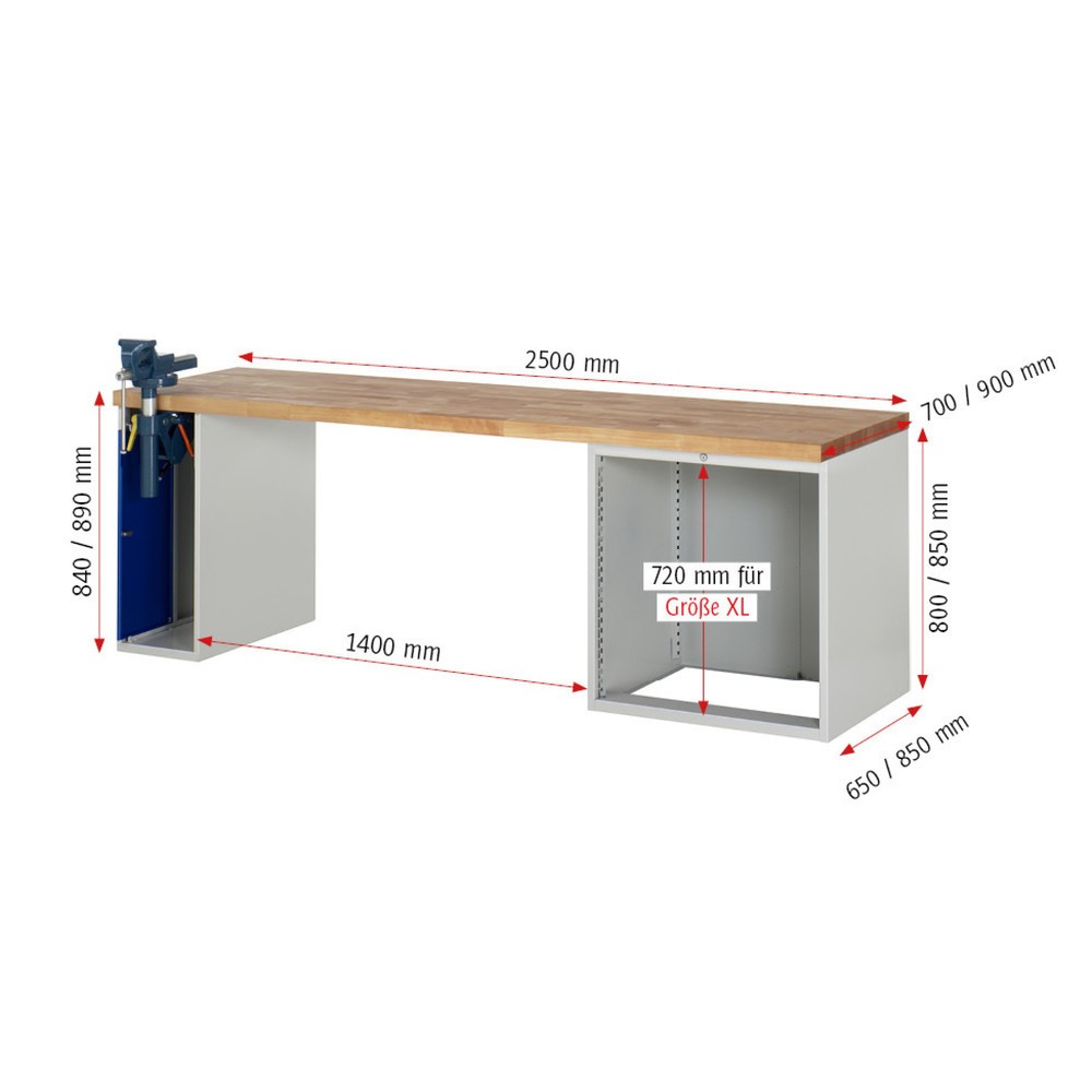 N° de l'image du produit 9 : RAU Établi série 7000, 2 caissons, HxlxP 890 x 2 500 x 700 mm, 4 tiroirs extractibles à 100%, capacité de charge des tiroirs 75 kg