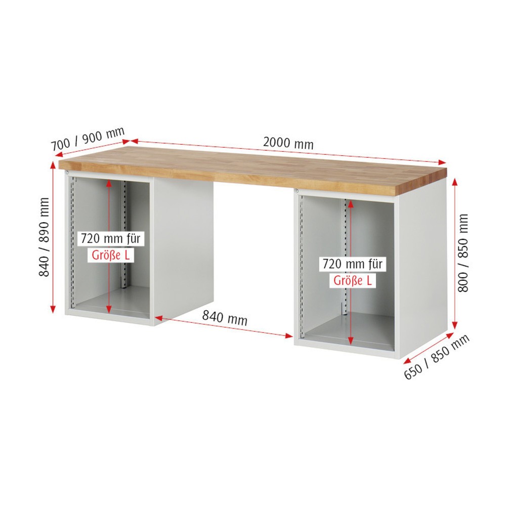 N° de l'image du produit 5 : RAU Établi série 7000, 2 caissons, HxlxP 840 x 2 000 x 900 mm, 8 tiroirs extractibles à 90 % 6 x 150 mm, 2 x 270 mm