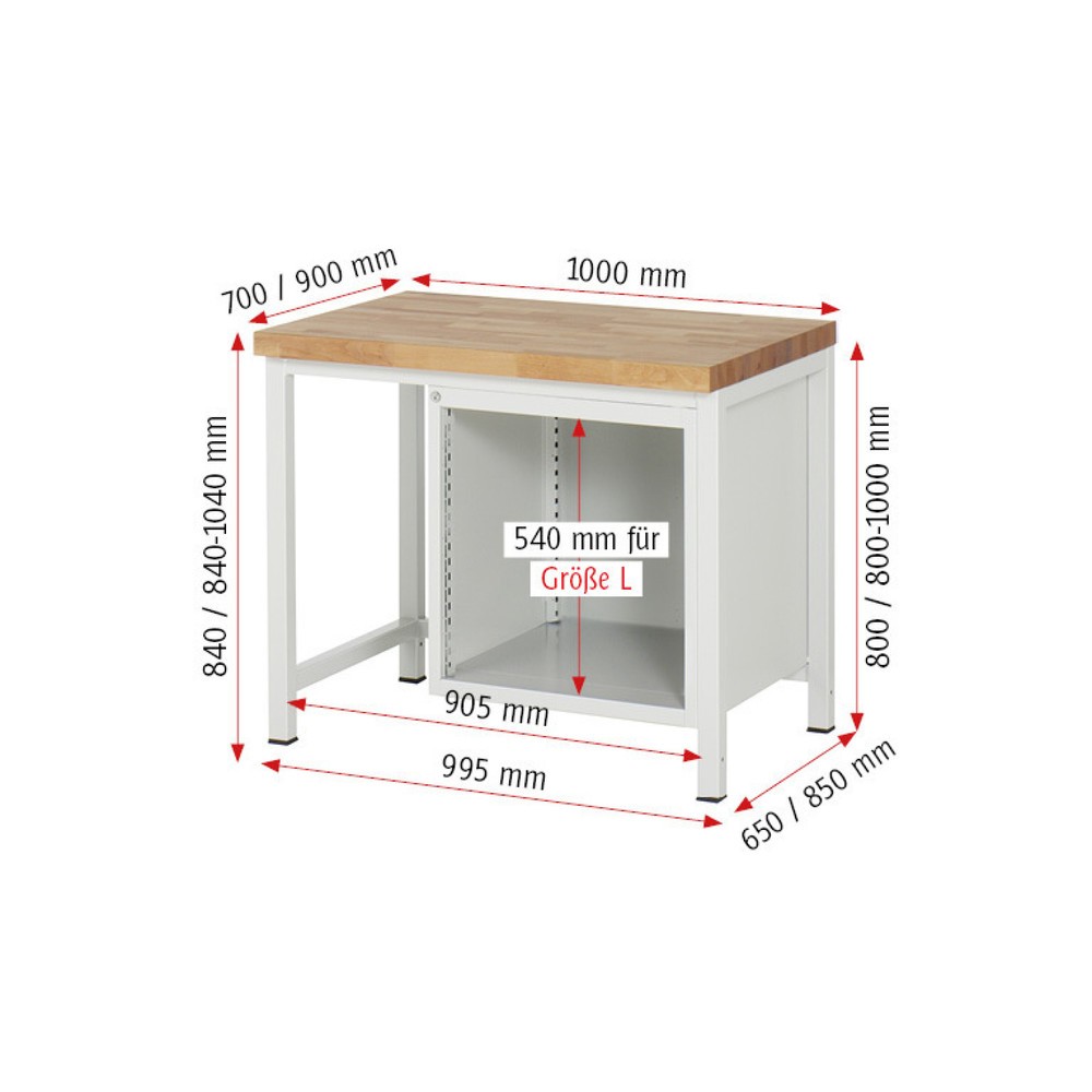N° de l'image du produit 8 : RAU Établi série 8000, HxlxP 840-1 040 x 1 000 x 900 mm, 4 tiroirs extractibles à 90 % 2 x 90, 2 x 180 mm, capacité de charge des tiroirs 100 kg