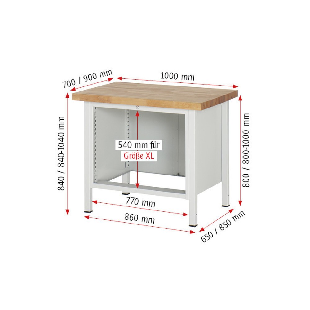N° de l'image du produit 8 : RAU Établi série 8000, HxlxP 840-1 040 x 1 000 x 900 mm, 4 tiroirs extractibles à 90 % 2 x 120, 2 x 150 mm, capacité de charge des tiroirs 75 kg