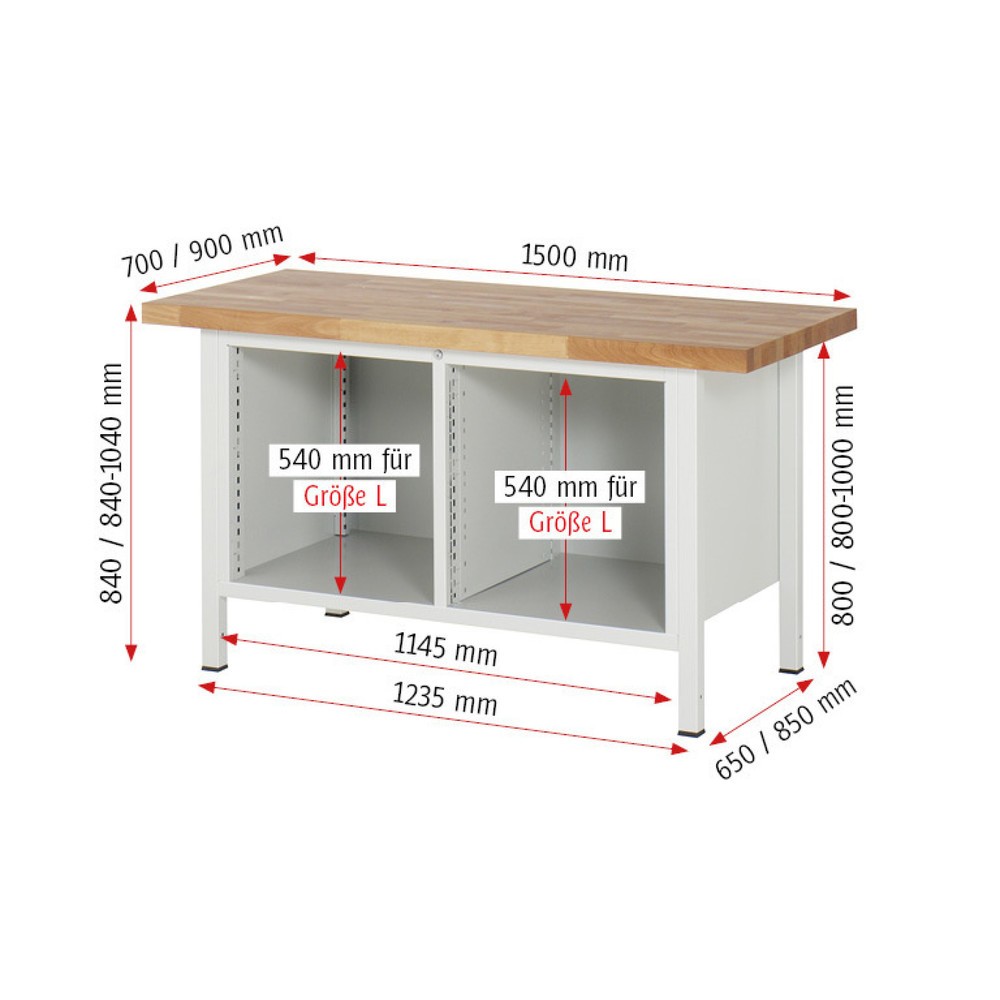 N° de l'image du produit 7 : RAU Établi série 8000, 1 double caisson, HxlxP 840-1 040 x 1 500 x 700 mm, 10 tiroirs extractibles à 90 %, capacité de charge des tiroirs 100 kg