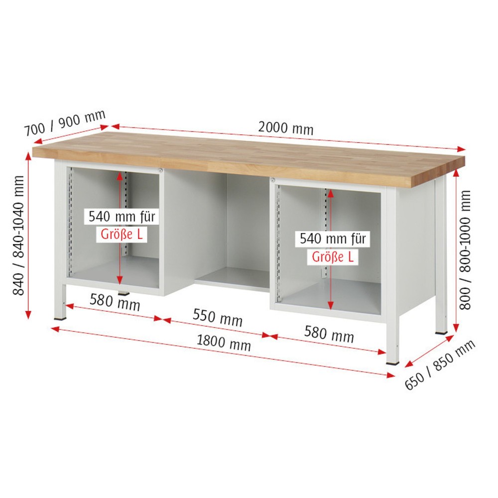 N° de l'image du produit 8 : RAU Établi série 8000, 2 caissons, 1 porte battante,HxlxP 840 x 2 000 x 700 mm, 4 tiroirs extractibles à 90 % 4 x 180 mm