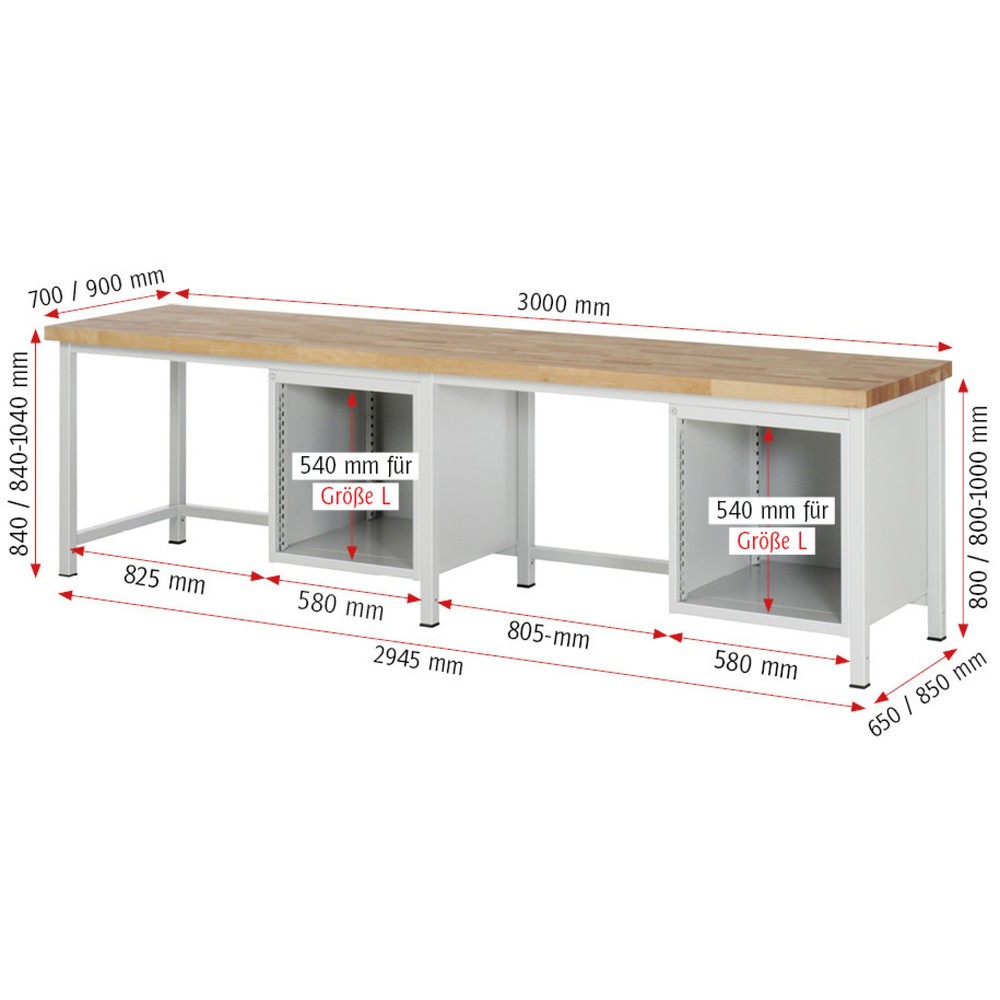 N° de l'image du produit 6 : RAU Établi série 8000, 2 caissons, 2 portes battantes, HxlxP 840 x 3 000 x 700 mm, 2 tiroirs