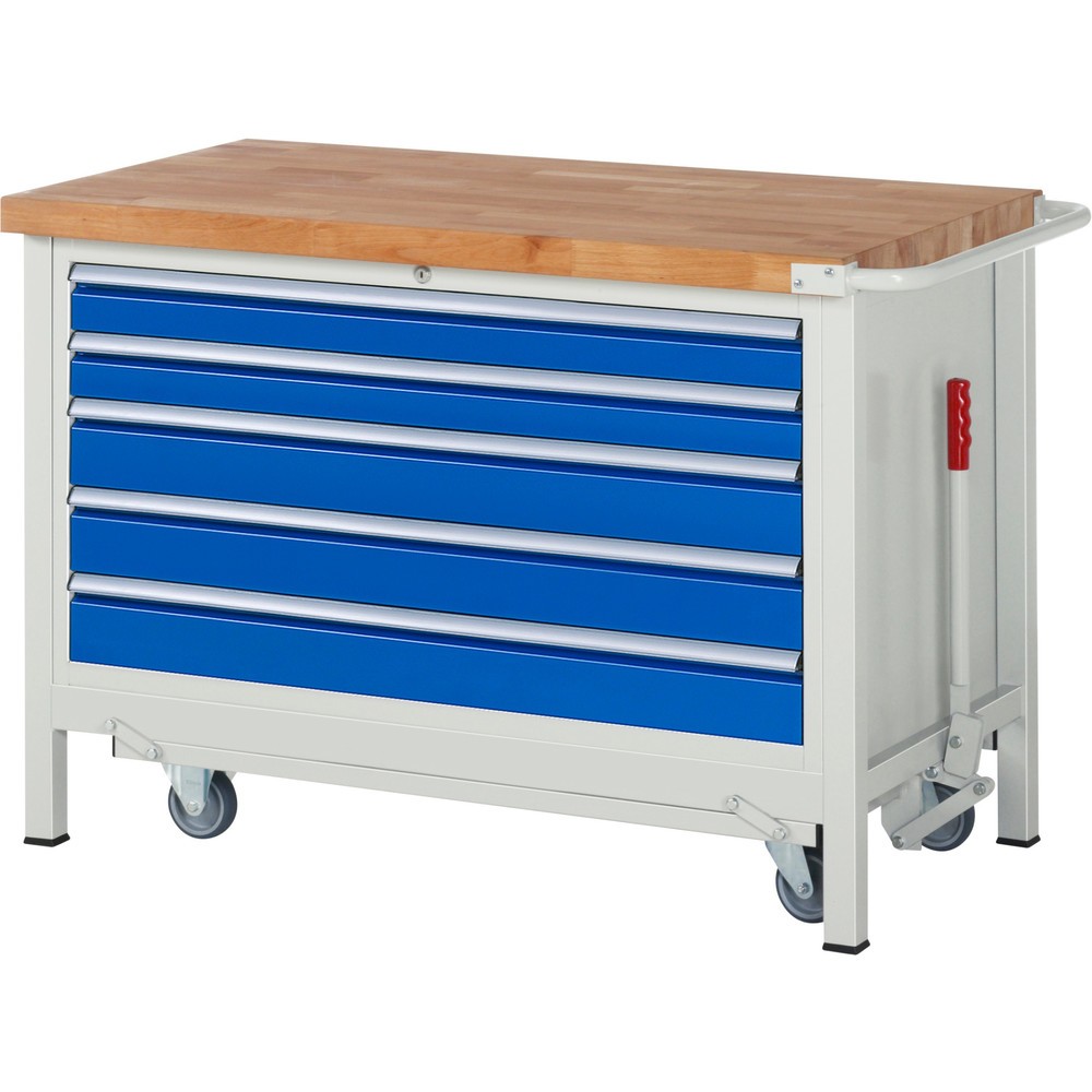 Illustration du produit: RAU Établi série 8000 avec rouleur abaissable, 1 caisson, HxlxP 880 x 1 250 x 700 mm, 5 tiroirs extractibles à 100%, capacité de charge des tiroirs 50 kg