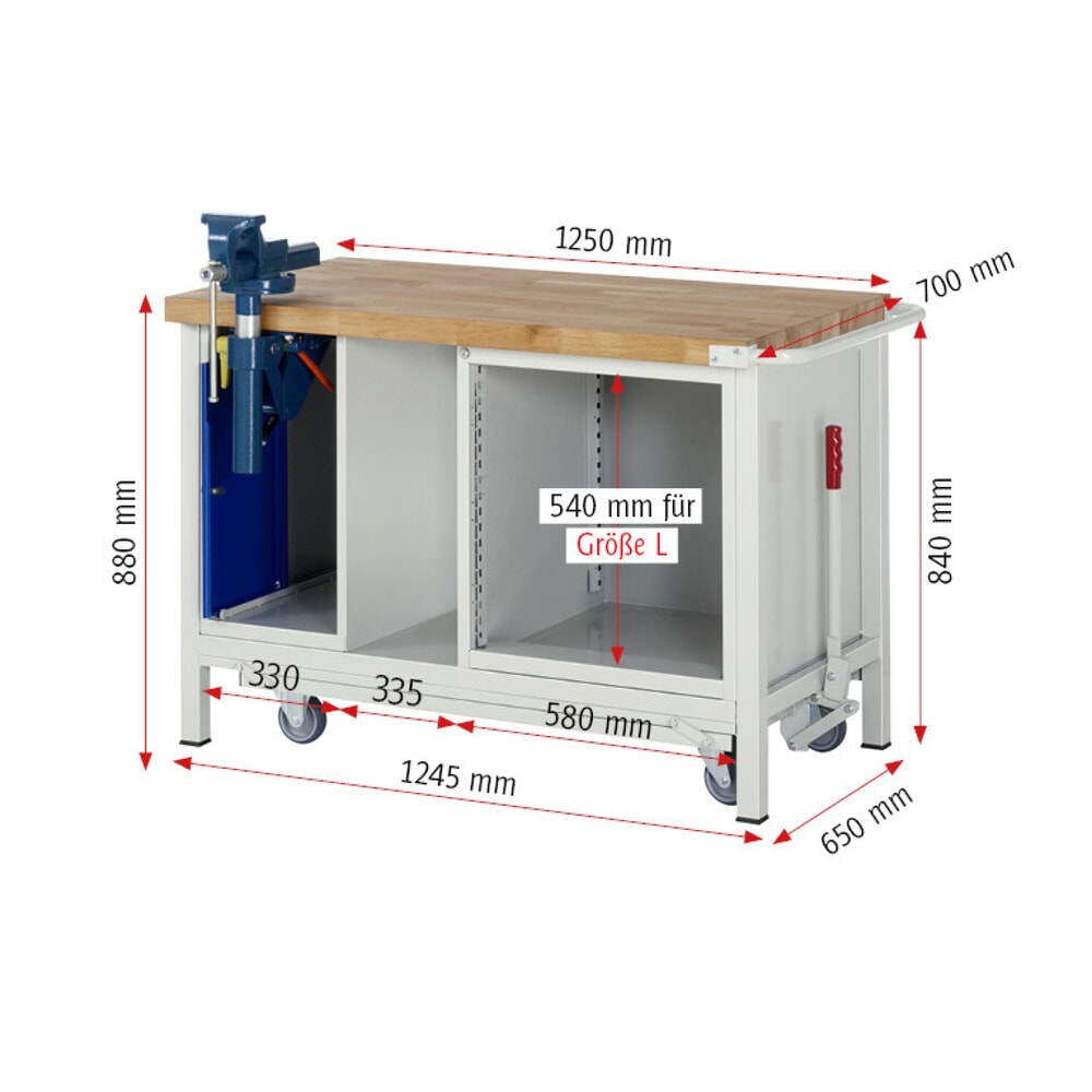 N° de l'image du produit 14 : RAU Établi série 8000 avec rouleur abaissable, 2 caissons, 1 tablette, HxlxP 880 x 1 250 x 700 mm, 5 tiroirs extractibles à 90%