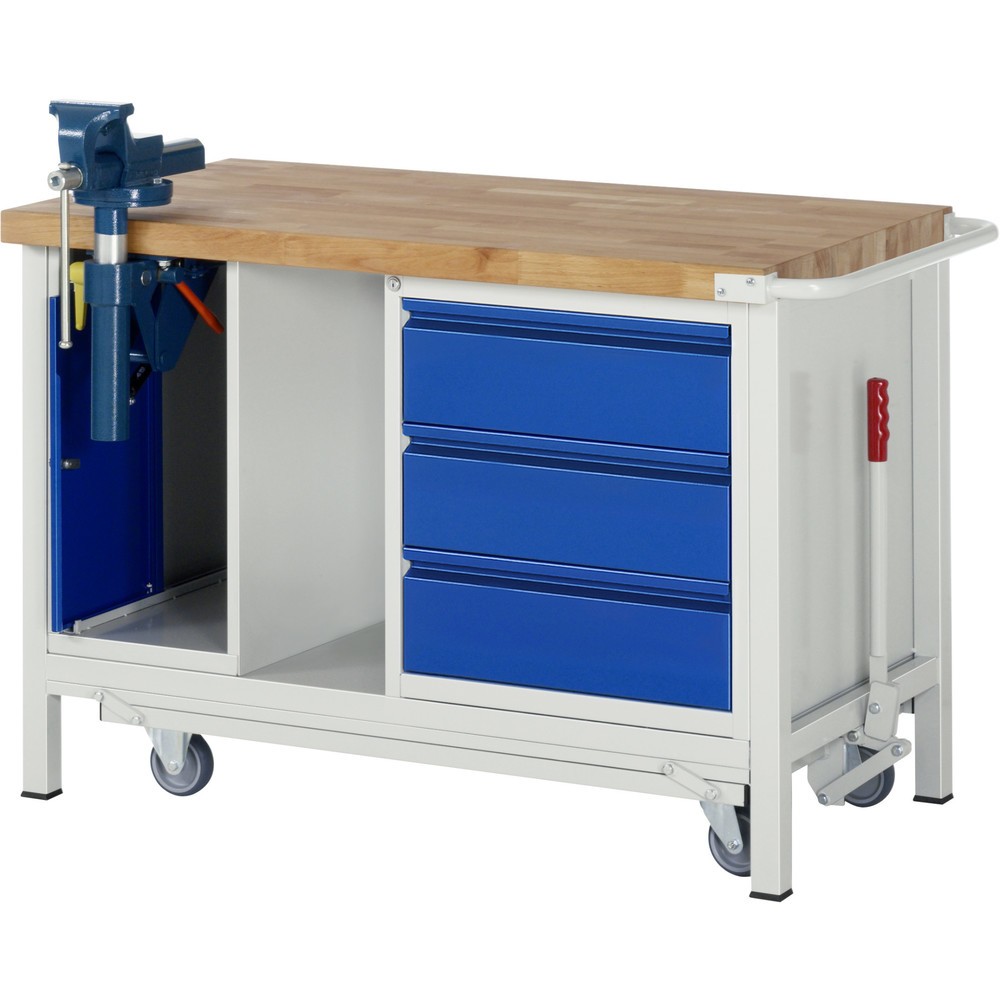 Illustration du produit: RAU Établi série 8000 avec rouleur abaissable, 2 caissons, 1 tablette, HxlxP 880 x 1 250 x 700 mm, 3 tiroirs extractibles à 90%