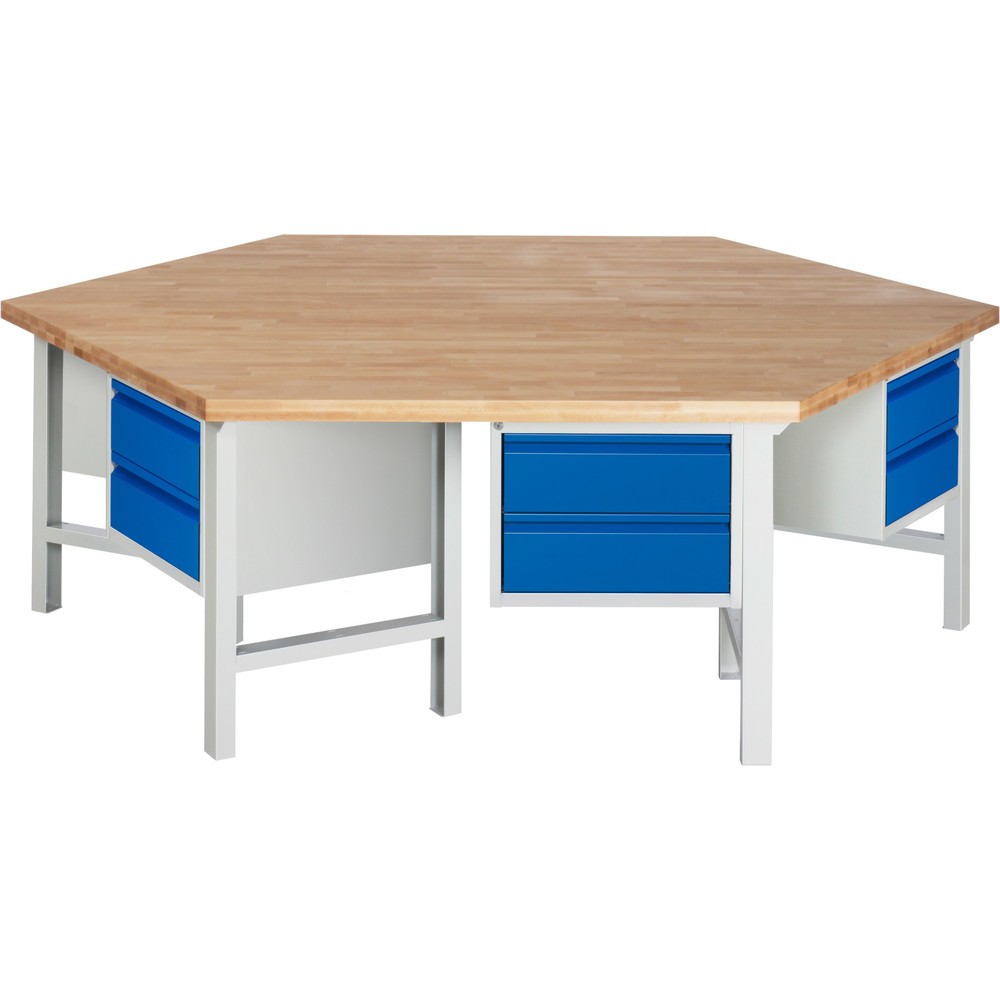 Produktabbildung: RAU Gruppenwerkbank Serie 4000, 6 Container, HxBxT 840 x 2.700 x 2.340 mm, 12 x 90%-Auszug-Schubladen mit Griffkantung