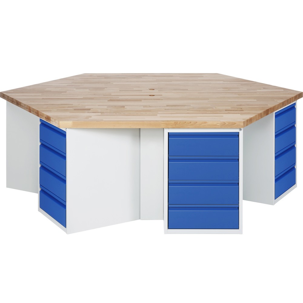 Produktabbildung: RAU Gruppenwerkbank Serie 4000, 6 Container, HxBxT 890 x 2.700 x 2.340 mm, 24 x 90%-Auszug-Schubladen mit Griffkantung 24 x 180 mm
