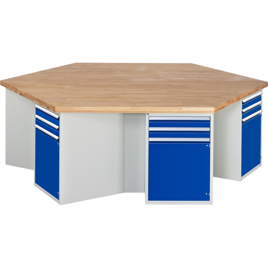 RAU Gruppenwerkbank Serie 4000, 6 Container, Sockel, HxBxT 890 x 2.700 x 2.340 mm, 6 Flügeltüren, 12 x 90%-Auszug-Schubladen Produktabbildung: RAU Gruppenwerkbank Serie 4000, 6 Container, Sockel, HxBxT 890 x 2.700 x 2.340 mm, 6 Flügeltüren, 12 x 90%-Auszug-Schubladen