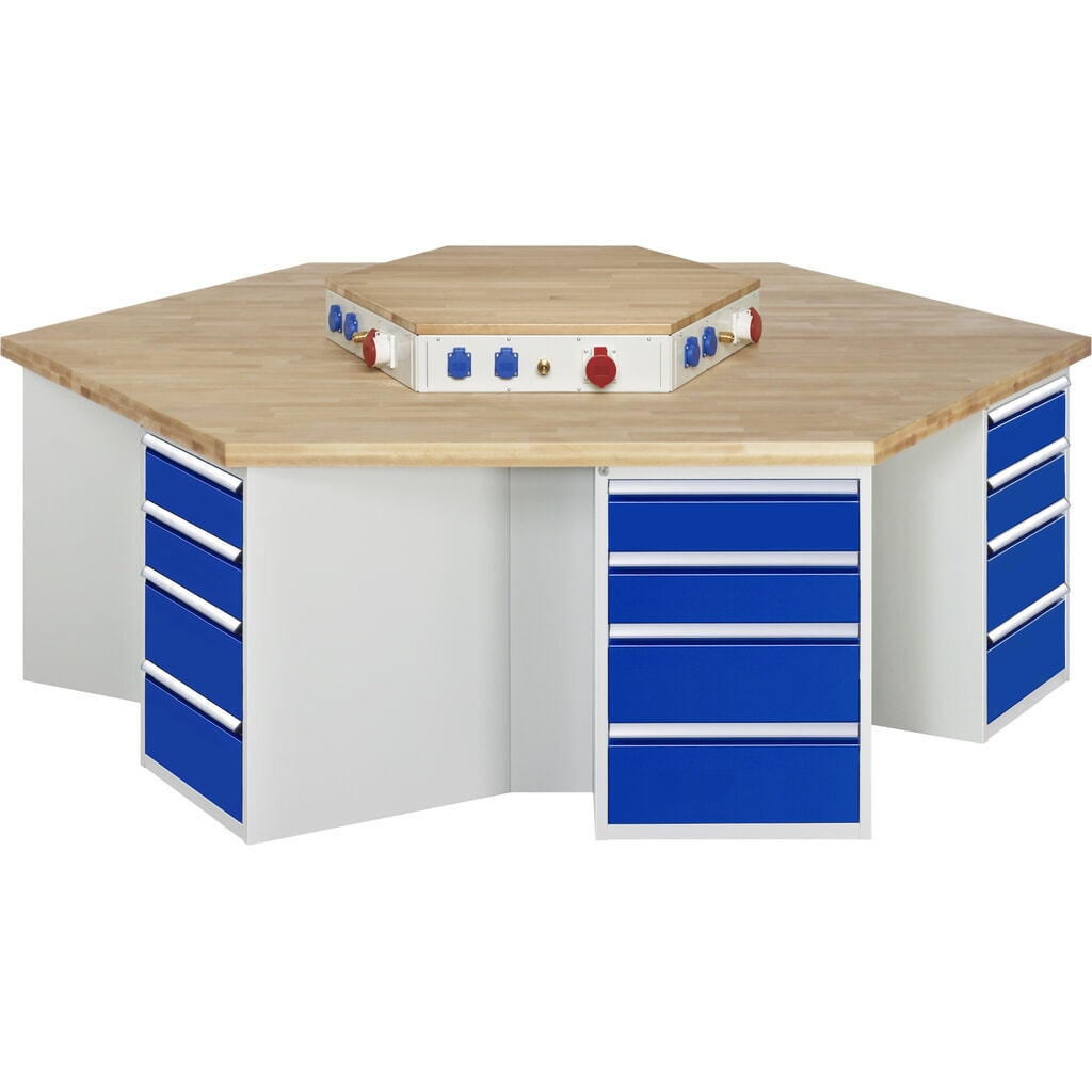 RAU Gruppenwerkbank Serie 4000, Energieaufsatz, 6 Container, Sockel, HxBxT 890 x 2.700 x 2.340 mm, 24 x 90%-Auszug-Schubladen Produktabbildung: RAU Gruppenwerkbank Serie 4000, Energieaufsatz, 6 Container, Sockel, HxBxT 890 x 2.700 x 2.340 mm, 24 x 90%-Auszug-Schubladen
