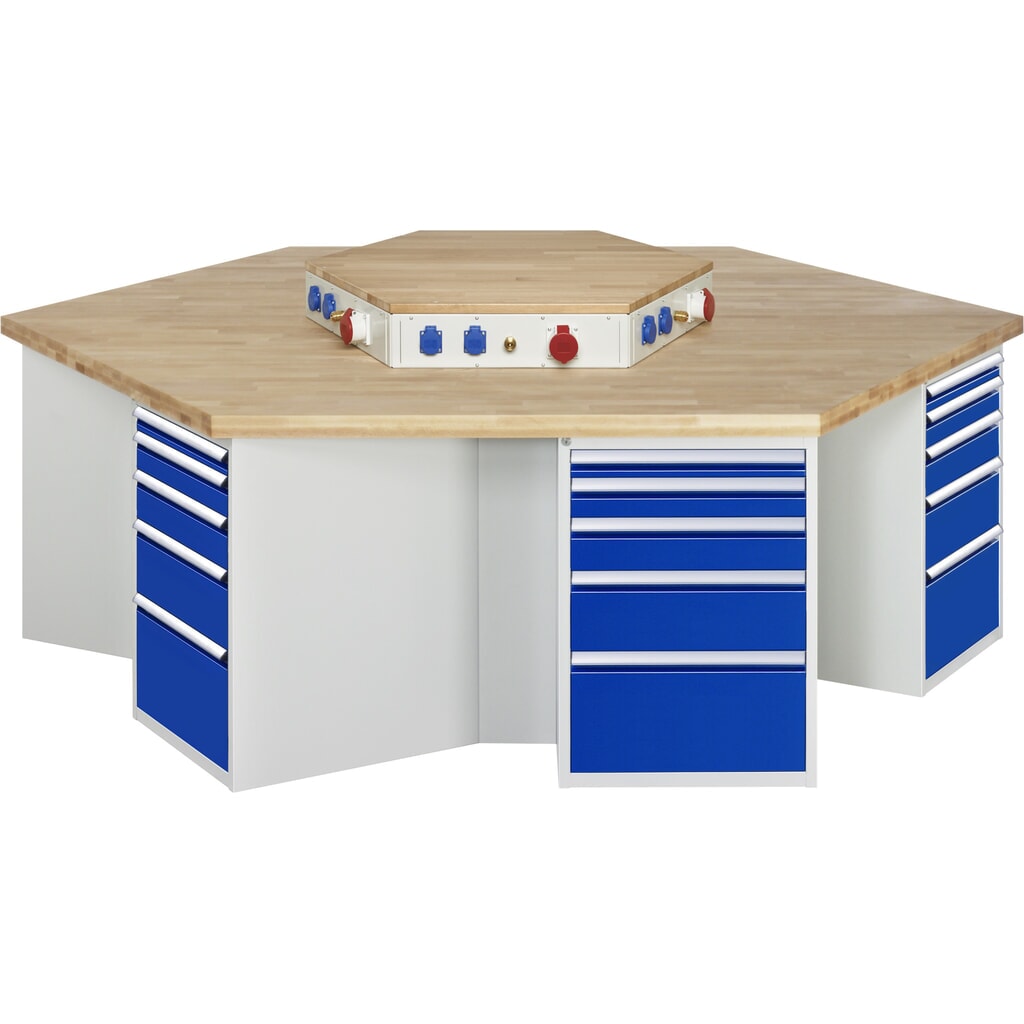 RAU Gruppenwerkbank Serie 4000, Energieaufsatz, 6 Container, Sockel, HxBxT 890 x 2.700 x 2.340 mm, 30 x 90%-Auszug-Schubladen Produktabbildung: RAU Gruppenwerkbank Serie 4000, Energieaufsatz, 6 Container, Sockel, HxBxT 890 x 2.700 x 2.340 mm, 30 x 90%-Auszug-Schubladen