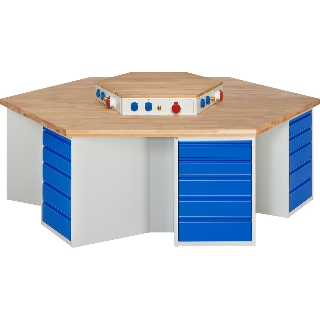 Produktabbildung: RAU Gruppenwerkbank Serie 4000, Energieaufsatz, 6 Container, HxBxT 840 x 2.700 x 2.340 mm, 30 x 90%-Auszug-Schubladen 12 x 120 mm, 12 x 150 mm, 6 x 180 mm