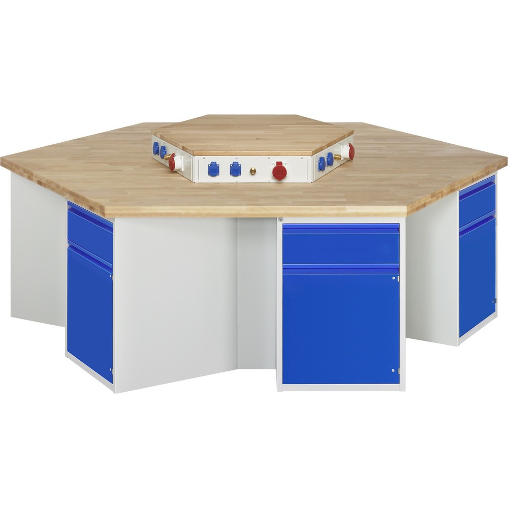Produktabbildung: RAU Gruppenwerkbank Serie 4000, Energieaufsatz, 6 Container, Sockel, HxBxT 890 x 2.700 x 2.340 mm, 6 Flügeltüren, 6 x 90%-Auszug-Schubladen mit Griffkantung